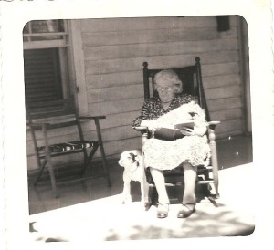 Granny Laura and her Dog, about 1950.  Granny was 73 years old.  This looks like it was taken at 108 Houston Street, Lexington, Virginia.