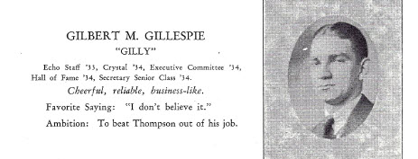 Gilbert McClung Gillespie from the 1934 Crystal, the yearbook of Lexington High School.  Senior Picture.