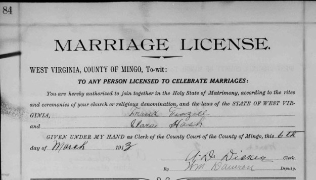 Frank Feazell and Clara Hash marriage record