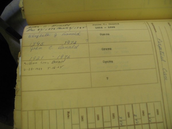 page from donald burial records at stonewall jackson cemetery
